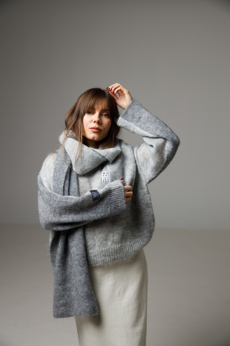 Lava melange grey / Fog melange grey - Set - superkid mohair reversible sweater and two-tone scarf