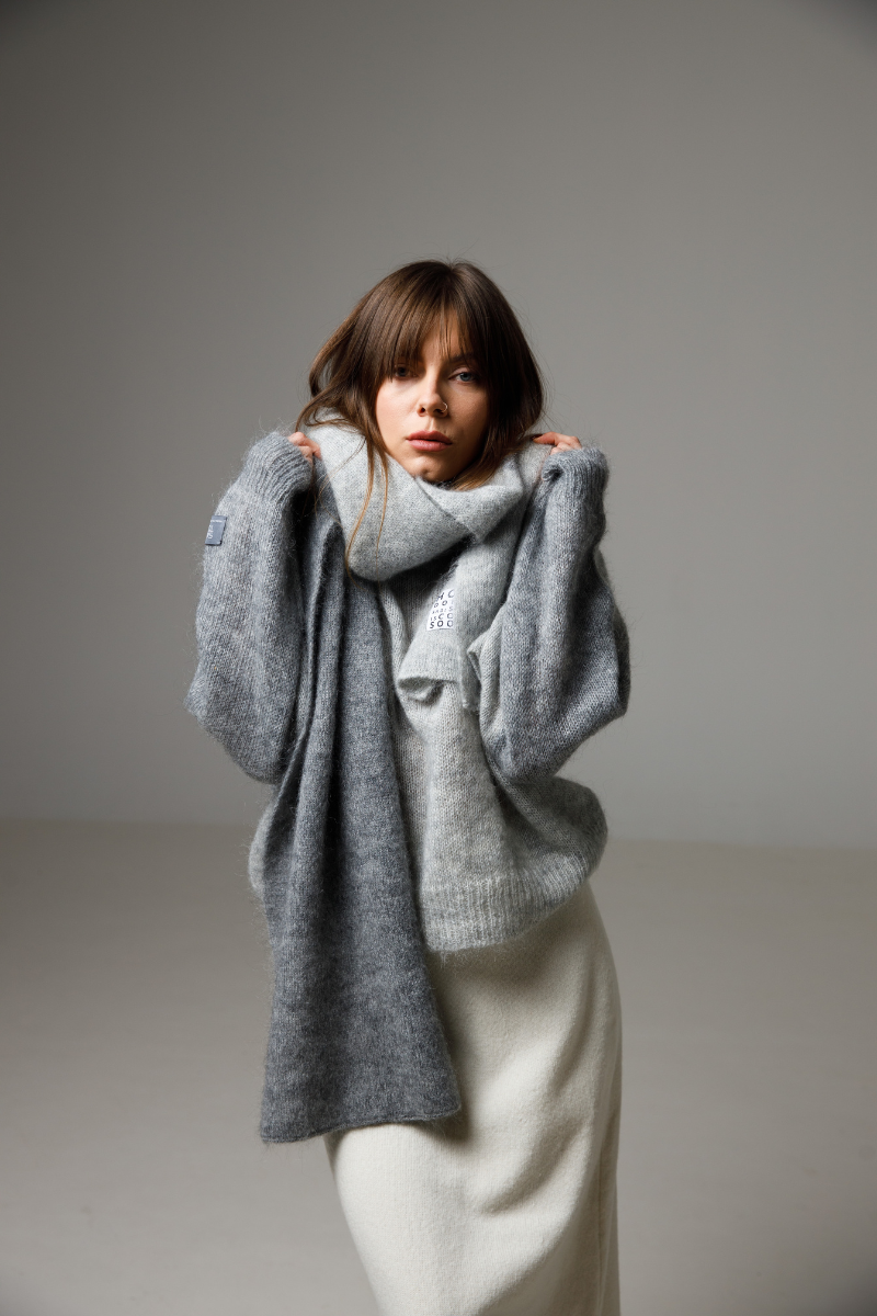 Lava melange grey / Fog melange grey - Set - superkid mohair reversible sweater and two-tone scarf