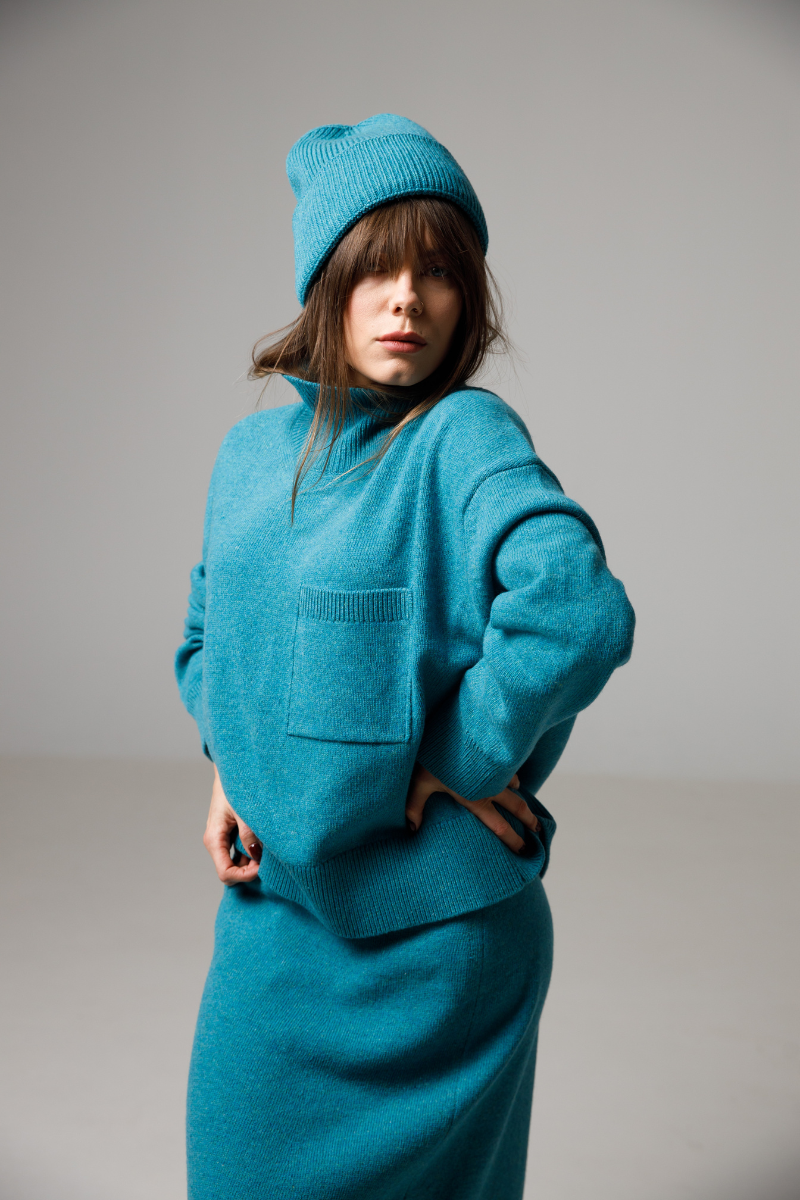 Turquoise melange - Turtle neck cashmere-merino wool sweater