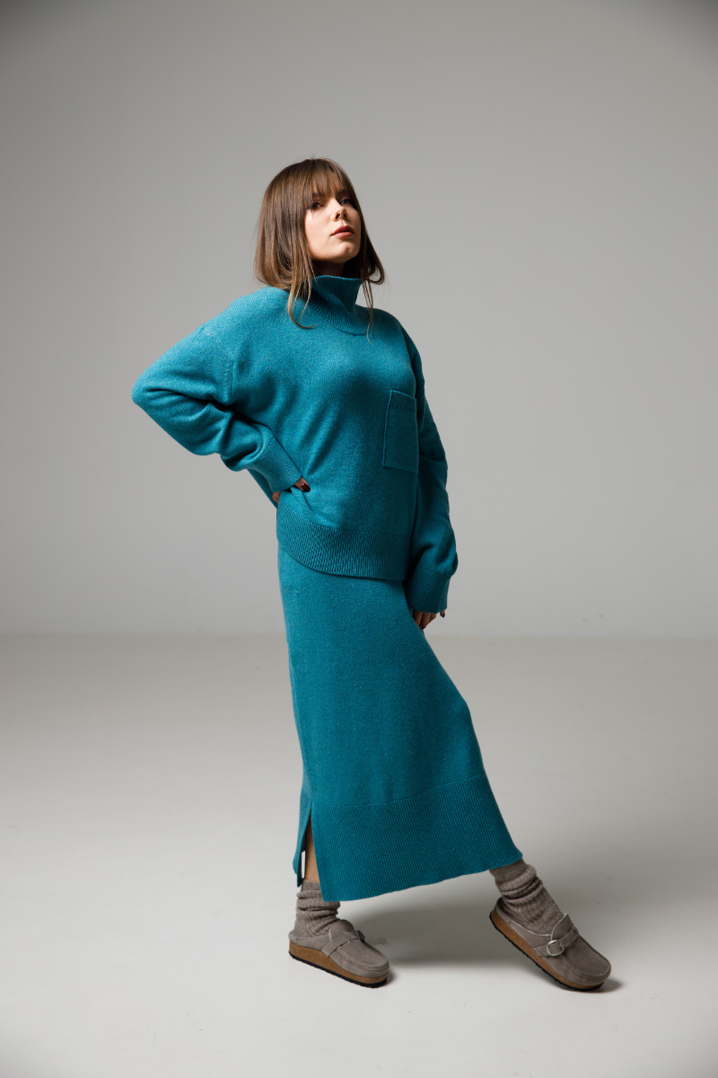 Turquoise melange - Cashmere – merino wool turtle neck sweater and skirt set