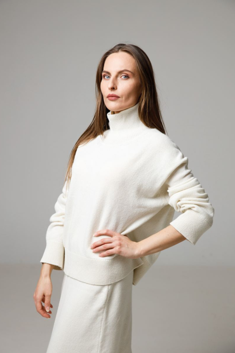 Pearl white - Turtle neck cashmere-merino wool sweater