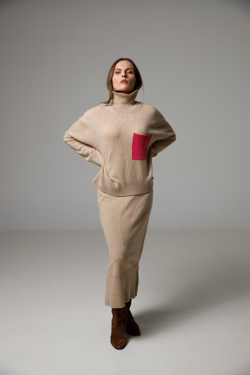 Sand beige/Fuchsia - Cashmere – merino wool turtle neck sweater and skirt set