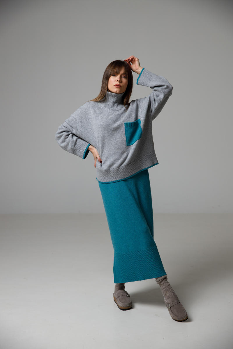 Turquoise melange/Grey - Cashmere – merino wool turtle neck sweater and skirt set