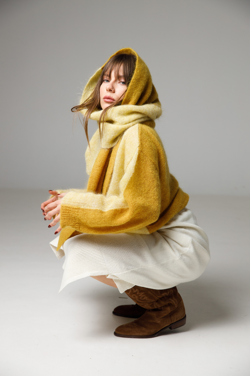 Mustard yellow / Lemon Yellow - Set - superkid mohair reversible sweater and two-tone scarf