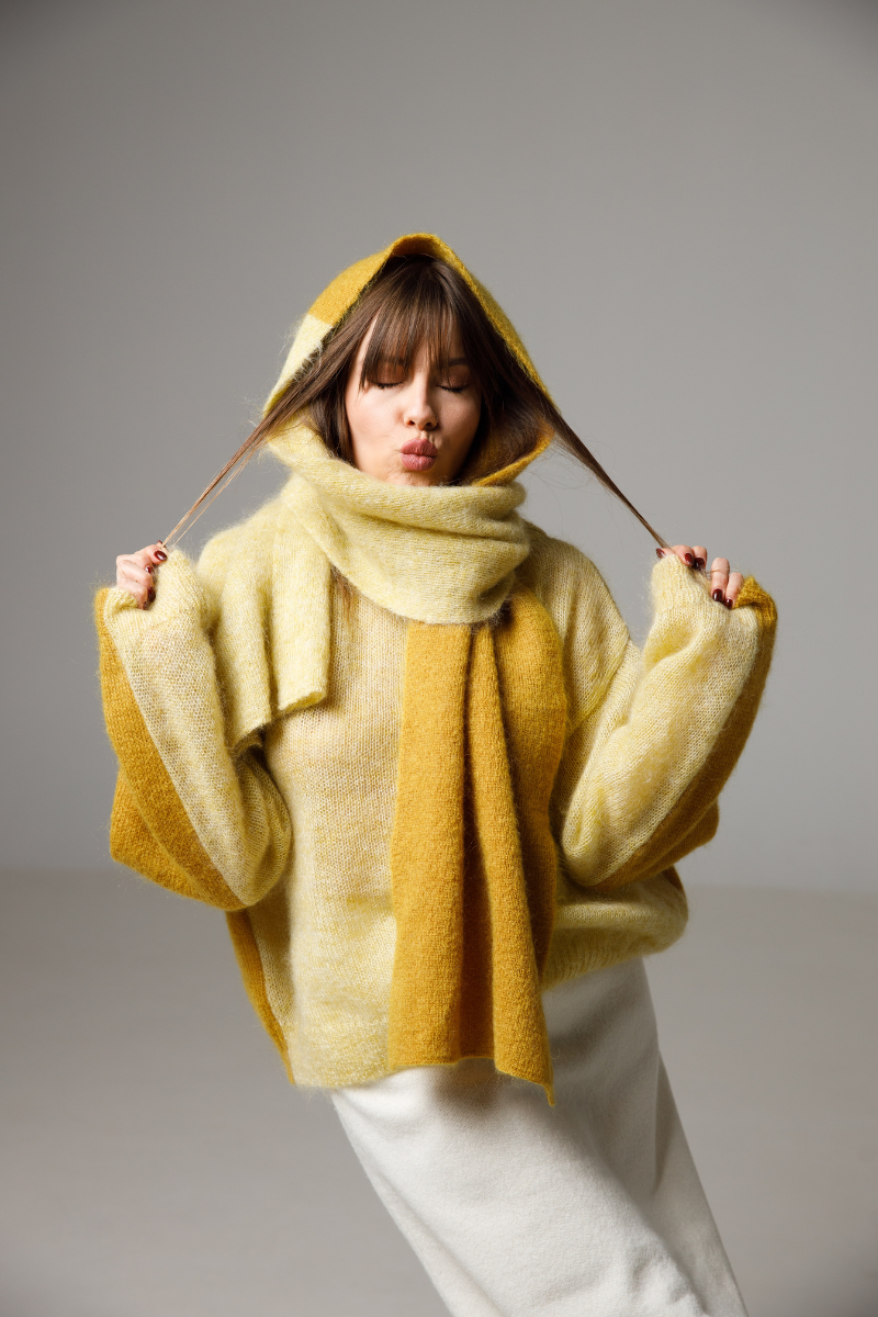 Mustard yellow / Lemon Yellow - Set - superkid mohair reversible sweater and two-tone scarf
